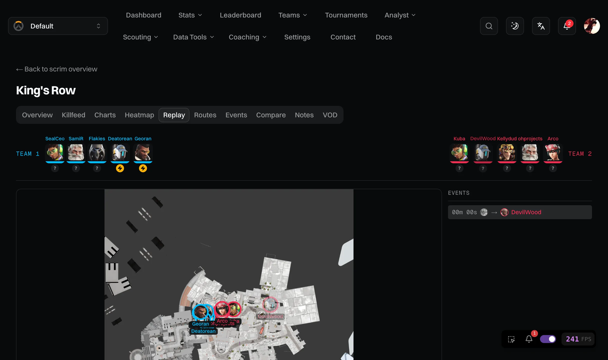 Sightline replaying a scrim on a map, with player positions and sight lines.
